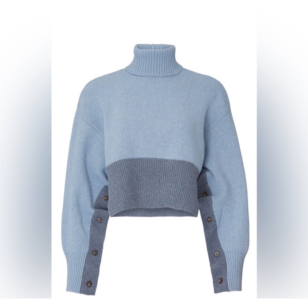 Cedric Charlier Crop Turtleneck Sweater 14 Button-Detail Long Sleeve Wool Blend